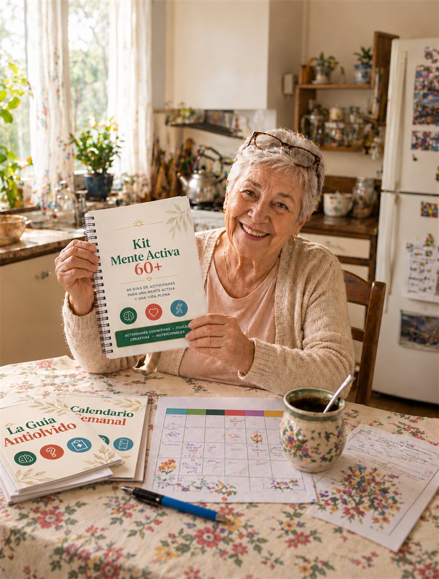 Una mujer mayor sonríe en su cocina mostrando el Kit Mente Activa 60+, con la Guía Antiolvido y el Calendario Semanal sobre la mesa
