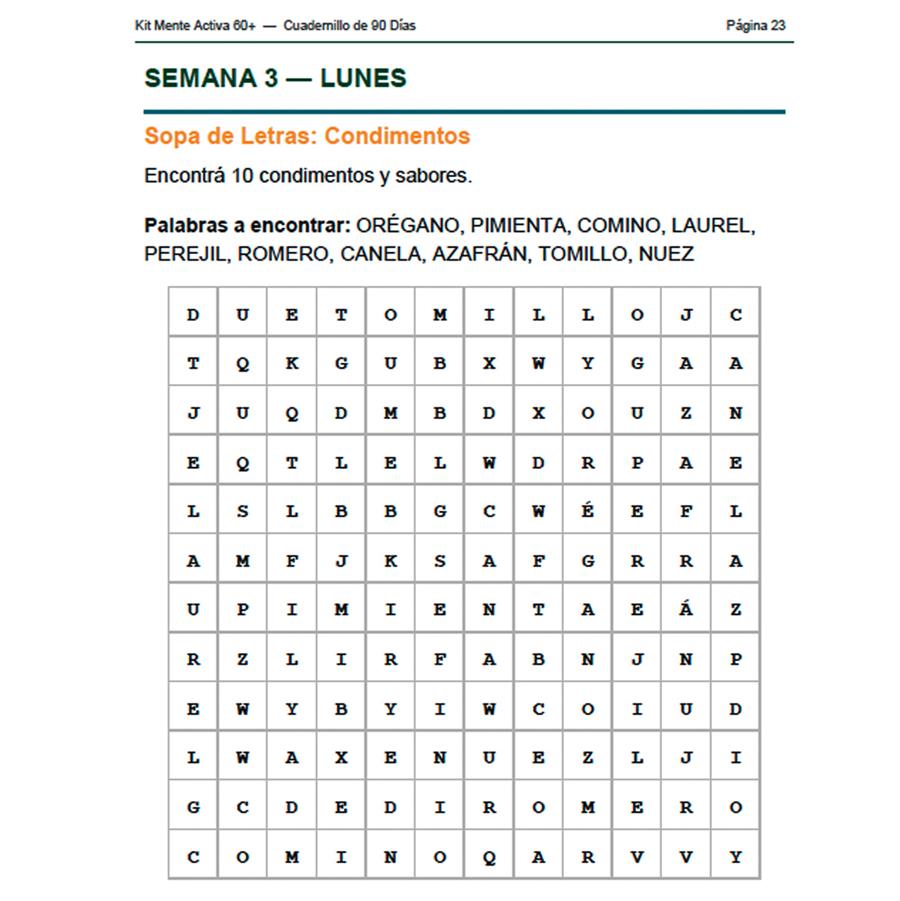 Página interior real del Kit Mente Activa 60+: sopa de letras de condimentos y sabores, ejemplo de una de las 122 páginas del cuadernillo