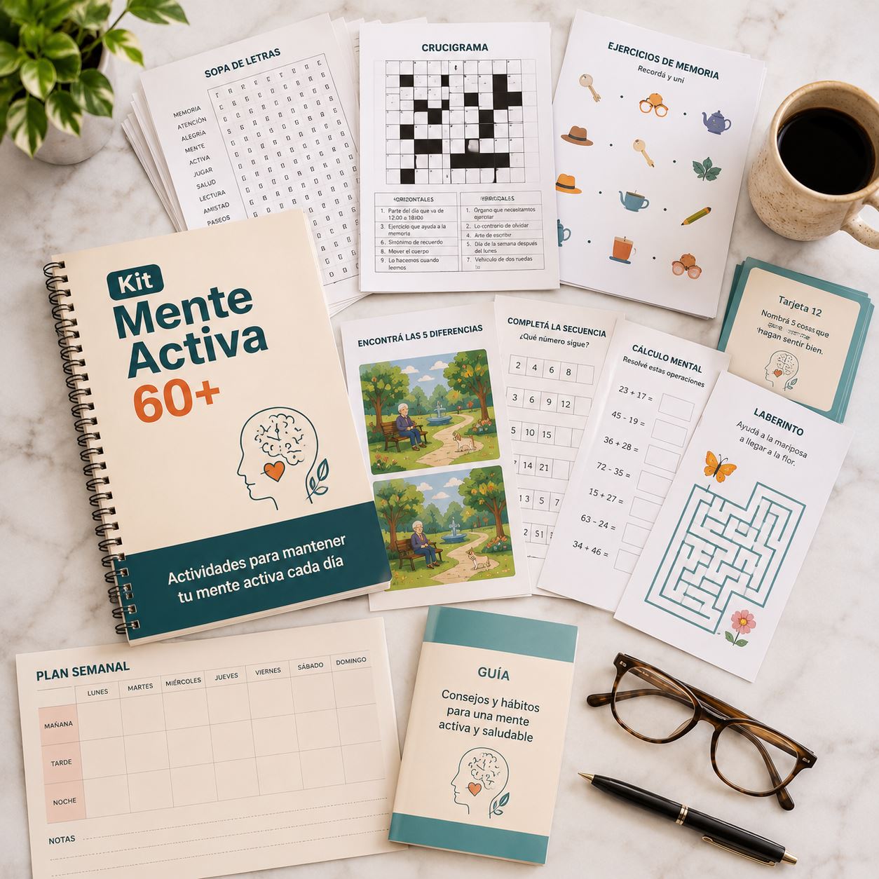 Kit Mente Activa 60+ completo: cuadernillo anillado con sopa de letras, crucigrama, ejercicios de memoria, tarjetas y calendario semanal, listo para usar