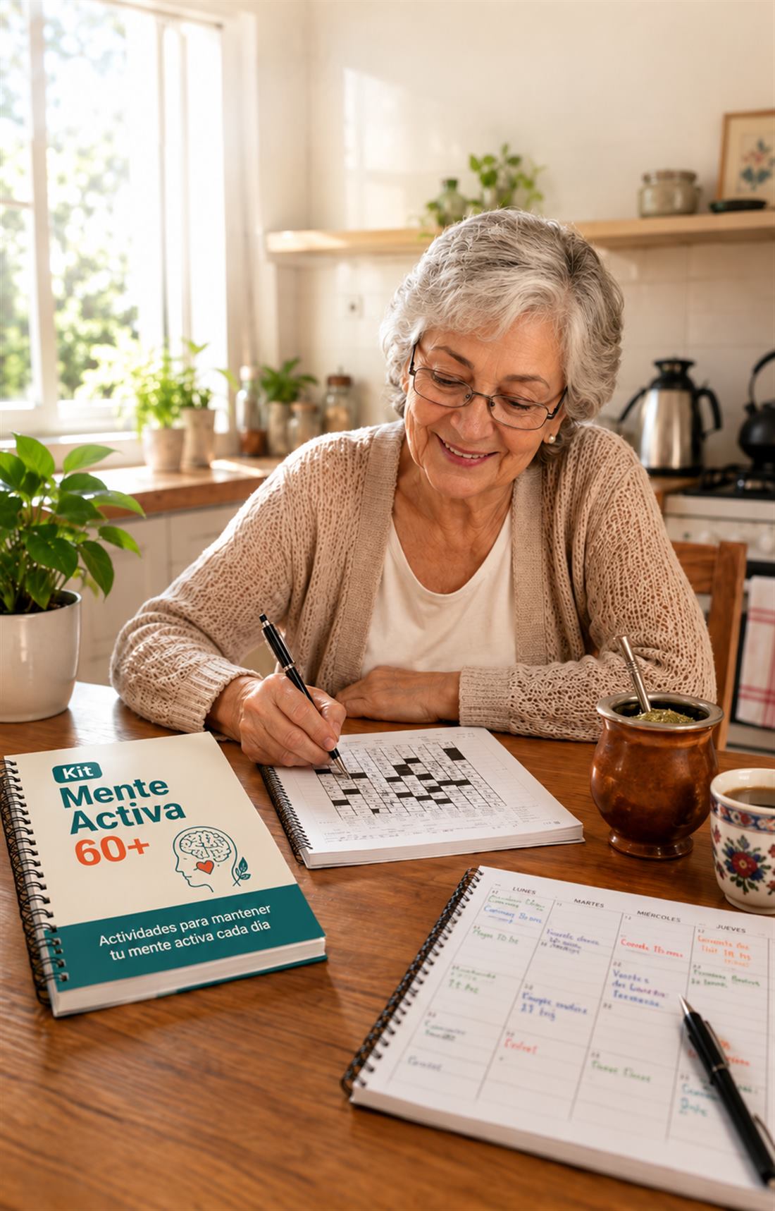 Una mujer mayor sonríe mientras completa el crucigrama del Kit Mente Activa 60+ en la mesa de su cocina, con el calendario semanal y unos mates al lado